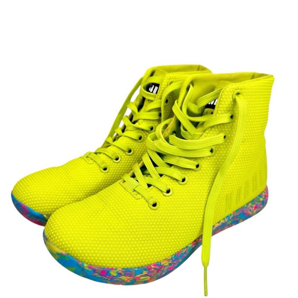 NOBULL Neon Yellow High-Top Trainers Size 9 with Multicolor Sole